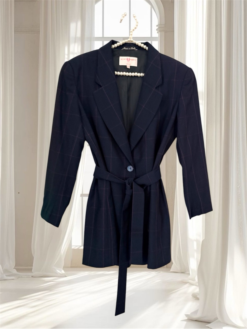 VTG Emanuel Ungaro Wool Blue Pink Stripe Belted Blazer Size 44 Made in a Italy